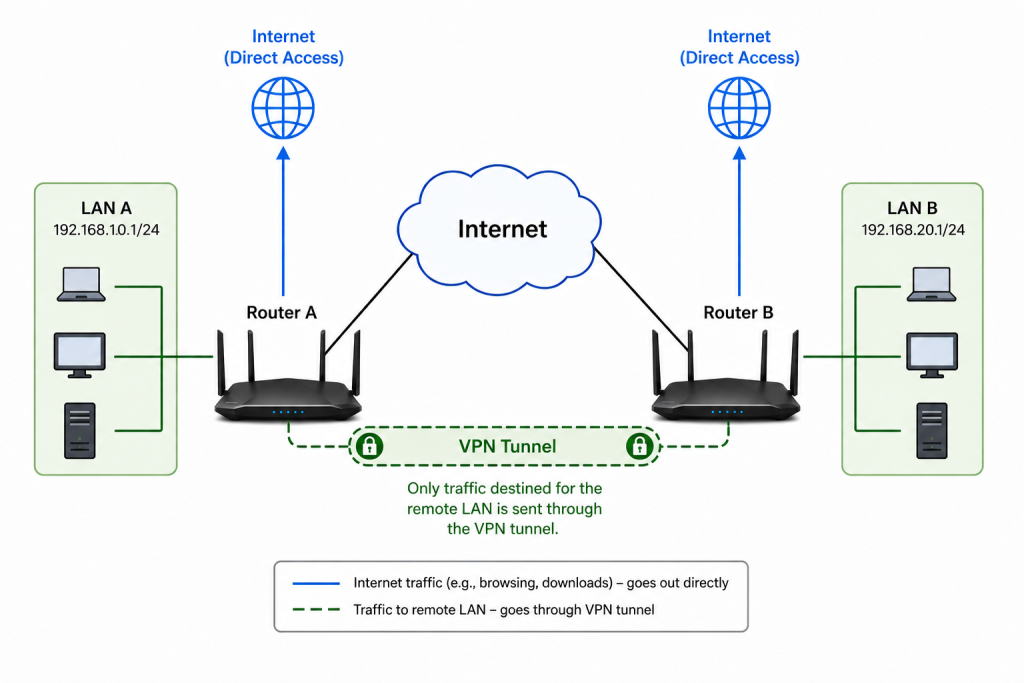 Business site-to-site VPN topology using pcWRT VPN routers. Internet traffic exits locally at each office; inter-office LAN traffic flows through an encrypted WireGuard tunnel.